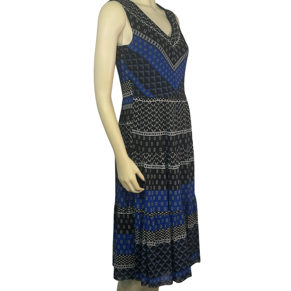 T Tahari Sz S Summer Tank Midi Dress Tiered Skirt Sheer Overlay Blue Scarf Print - Picture 2 of 10